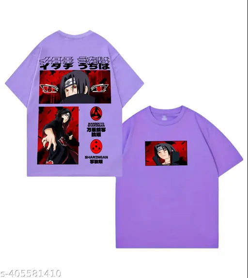 Lavender oversized anime Itachi Uchiha Akatsuki t-shirt for men and women, classic vogue design on cotton short sleeves