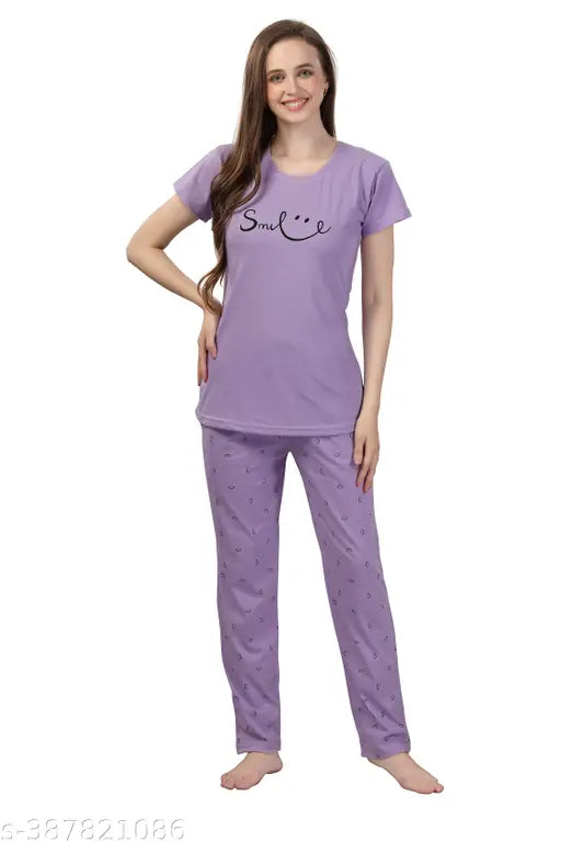 Purple hosiery cotton night suit: women's half sleeve T-shirt and pyjama pants set with solid print, ideal for sleepwear/loungewear, roomy fit and elastic drawstring waist, India origin