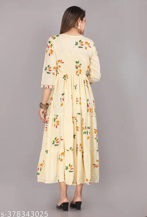 Anarkali printed embroidered rayon kurta for women and girls, three-quarter sleeve length, vibrant Indian fashion attire