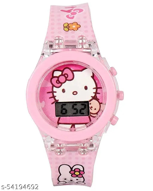 A stylish kids' watch with a Hello Kitty face and pink strap