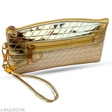 Golden clutch with chain strap and multiple pockets for cards, cash, and mobile devices