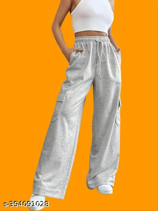 High waisted cotton blend wide leg sweatpants for women, 6 pockets, solid color, India origin