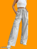 High waisted cotton blend wide leg sweatpants for women, 6 pockets, solid color, India origin