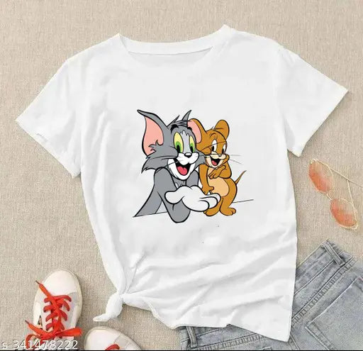 White polyester TomJerry half-sleeve T-shirt for women and girls, printed design