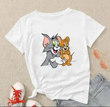 White polyester TomJerry half-sleeve T-shirt for women and girls, printed design