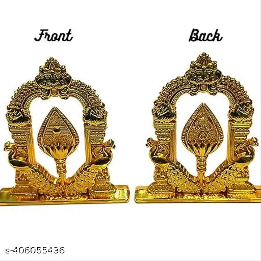 Golden color Murugan Vel Peacock with Arch idol (6cm), traditional metal automobile showpiece for car dashboard, pooja room, office room