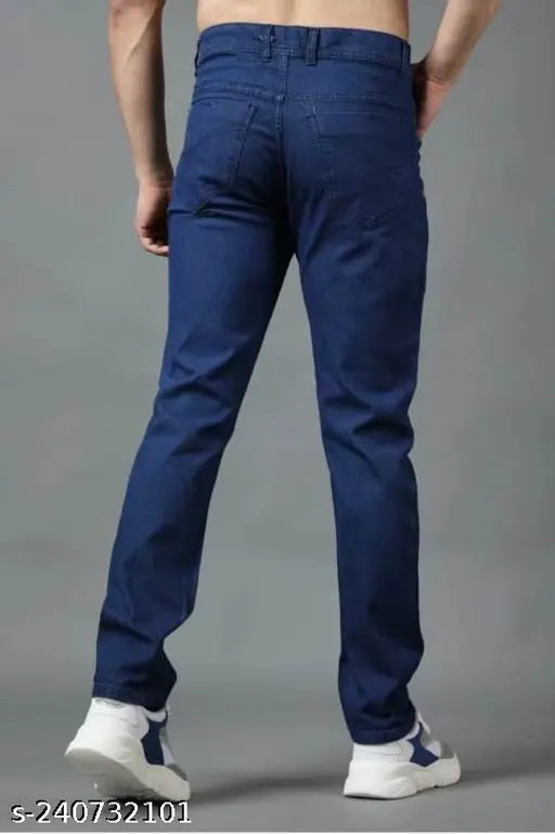 Men's stretchable denim jeans, dark wash, mid-rise, solid print, high-quality fabric. Slim fit with excellent finishing. Available sizes: 28(28in/41in), 30(30in/41in), 32(32in/41in), 34(34in/41in), 36(36in/41in). Made in India