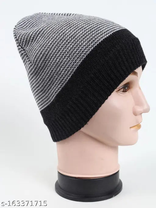 Textured Lycra wool beanie cap for men, solid onesize from India