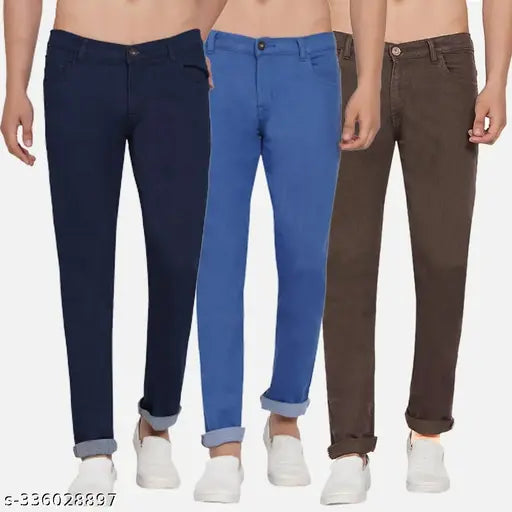 Dark blue cotton-blend men's jeans pack (3), skin-friendly fabric with superior comfort and high stretchability. Slim fit, sizes 28-40, made in India for value for money