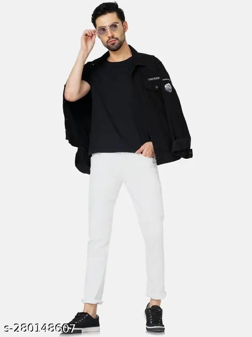 clean white denim mid-rise jeans for young men, solid pattern, five pockets, button waist closure, India manufacturing
