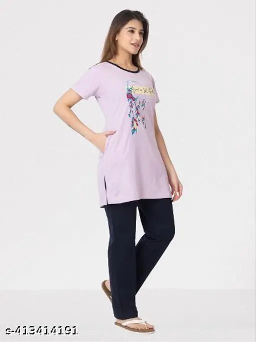 Summer nightwear round neck chest print cotton-blend nightsuits for women & girls, perfect for warm nights & legwear. Soft, stretchy, breathable, no fade or shrinkage issues. Made in India