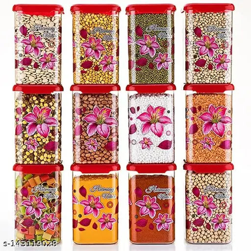 Colorful plastic airtight containers with locks and lids for storing groceries, kitchen dabbas, 1100 ml capacity. Set includes 12 containers with pink flower design