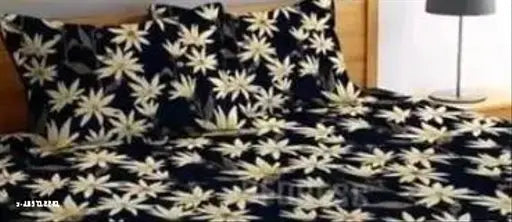 Black floral printed cotton feel elastic fitted king size double bed sheet with two pillow covers, ideal for heavy winter - made in India