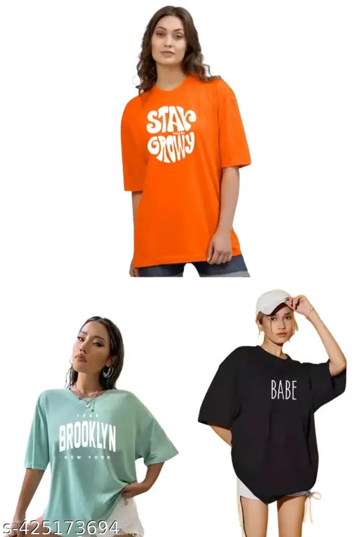 Stylish oversized printed T-shirts combo pack of 3, including one in orange, one in black, and one in green, with various graphics and text