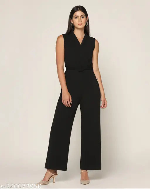 Raven black stretchable jumpsuit, durable with deep Y-shape collar, premium comfort fit for women, made from polyester, full length, zipper closure, from Zenday Casual