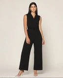 Raven black stretchable jumpsuit, durable with deep Y-shape collar, premium comfort fit for women, made from polyester, full length, zipper closure, from Zenday Casual
