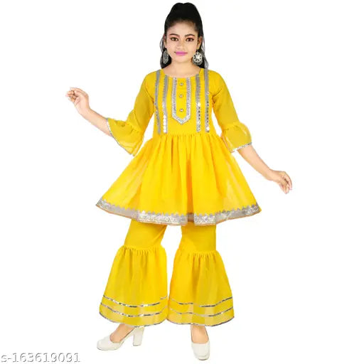 Embroidered Georgette A-line Kurti and Sharara for kids (4-5Y, 5-6Y, 6-7Y, 7-8Y), Indian traditional wear