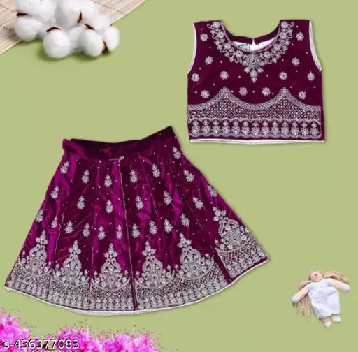 Embroidered pink velvet Lacha for kids, traditional ethnic motif embroidery, Indian-made, sleeveless lehenga for 12-3 years