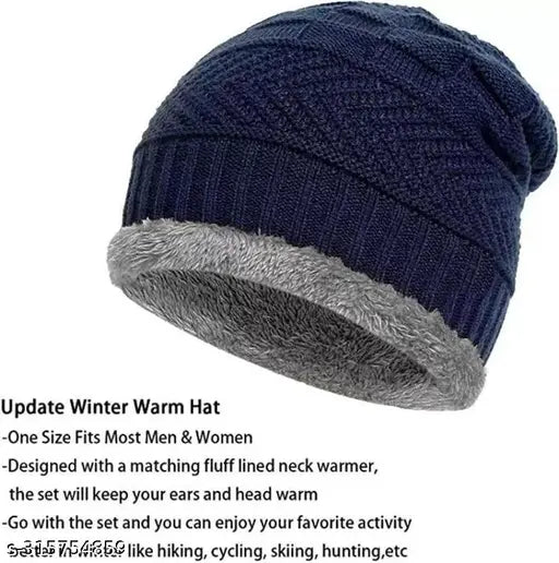 New winter knit blue thick fleece cap with fur lining, suitable for men and women