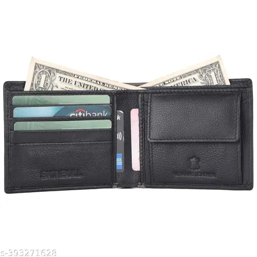 SKINBULL RFID Protected genuine leather men's wallet - Solid black full-grain leather with 2 compartments, gift box, and RFID blocking technology
