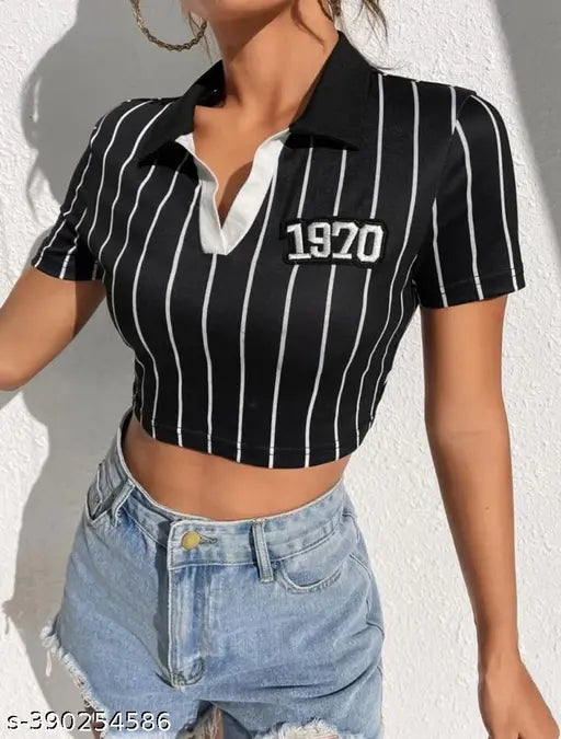 Striped cotton T-shirt, women's western collar design, short sleeves, perfect for parties & nights out. Made in India
