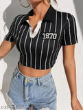 Striped cotton T-shirt, women's western collar design, short sleeves, perfect for parties & nights out. Made in India