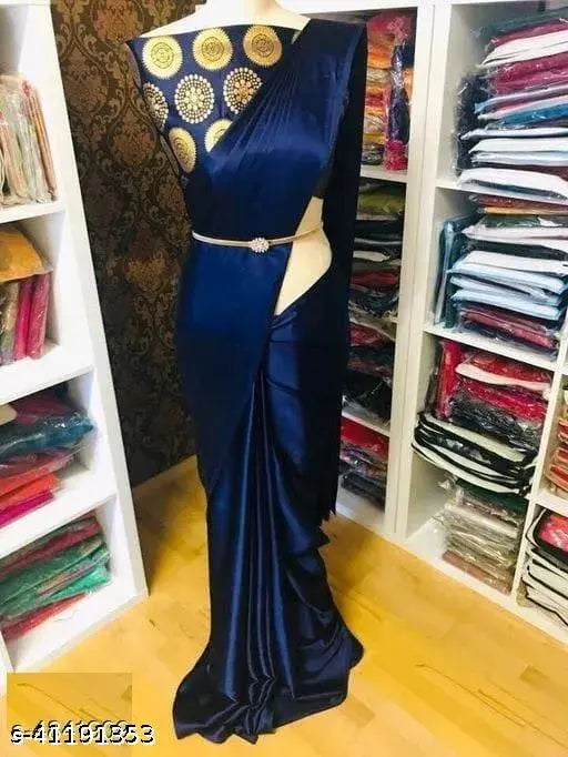 Navy blue silk saree with embroidered border and pallu