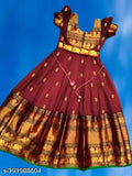 Indian silk girls maxi gown with golden zari brocade, suitable for weddings and parties. Sizes from 0-3 months to 11-12 years