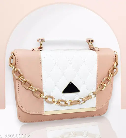 Pink and white patterned women's sling bag, gold chain-link strap