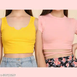 Trendy yellow and pink cotton ribbed top t-shirt for women, solid design with pearl button closure, available in XS - XL sizes