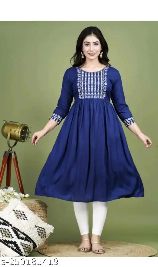 Nevy Blue Rayon Kurta with Tiwari Embroidery - Traditional yet modern, comfortable and stylish women's clothing