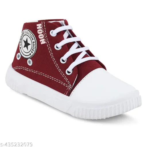 Red high-top sneakers with white laces, featuring a maroon logo on the side