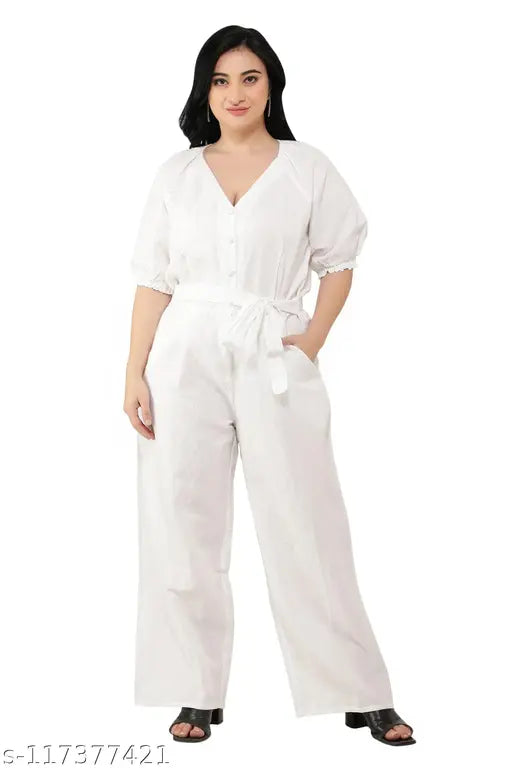 Cotton linen solid raglan sleeves white jumpsuit, v-neckline, elastic & smocking detailing, button down front & zipper closure, two pockets, waist with smocked back and attached belt - women's fashion accessory for casual outings. Made in India