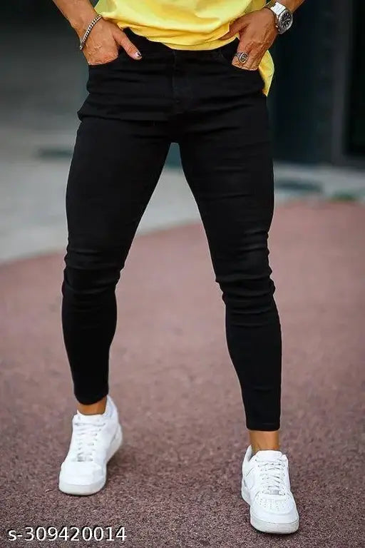 Mens black stretchable denim jeans, slim fit for men's versatile style and comfort. 26-32 waist sizes available. Made in India