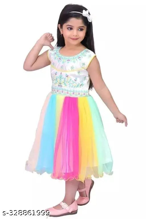 Colorful, short-sleeved dress with skirt, embellished waistline, worn by a young girl