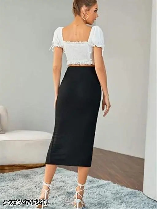 AF Women's polyester bodycon midi skirt with side slit, elasticated waist belt - women's classic stretchy midi skirt on hanger, size 24 (waist 24in, length 30in)