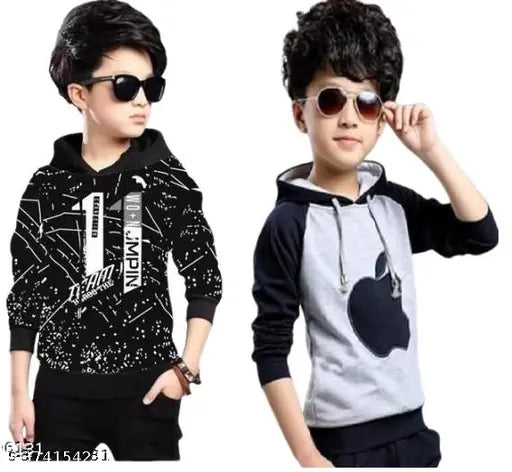 KIDS PACK OF 2 PRINTED HOODED NECK FULL SLEEVES REGULAR FITTED COTTON T-SHIRT