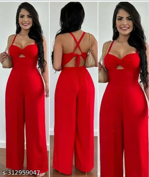 Red lycra sleeveless jumpsuit by Ekeshwara, Indian fashion for women