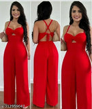 Red lycra sleeveless jumpsuit by Ekeshwara, Indian fashion for women