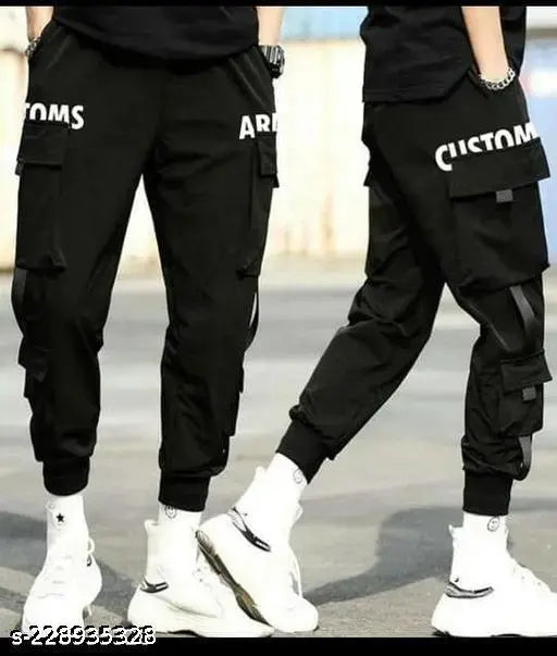 Black activewear pants with custom army print and elastic waistband