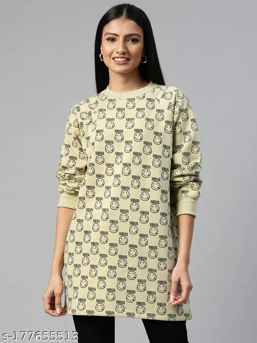Lime green cotton blend sweatshirt for women, printed design, long sleeves