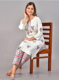 Women's cotton printed straight kurta set with palazzos, three-quarter sleeves, India origin