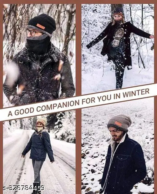 Colorblocked acrylic beanie cap & scarf set for men & women, fur-lined winter warmth from India
