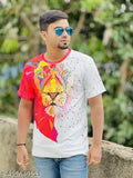 3D lion-face poly blend short-sleeve t-shirt, vibrant print on a soft fabric, Indian origin