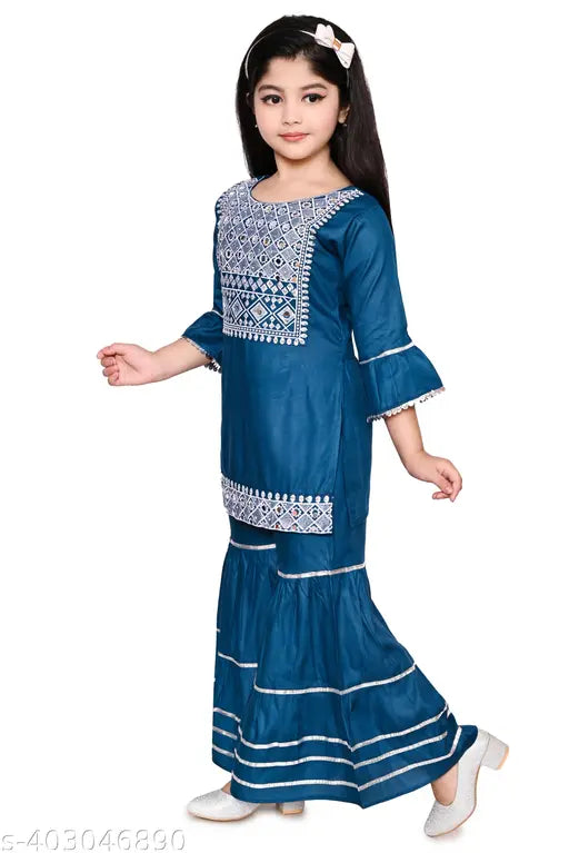 Embroidered Rayon A-line Palazzos with Three-Quarter Sleeves - Indian kid's dress for ages 4-5 years