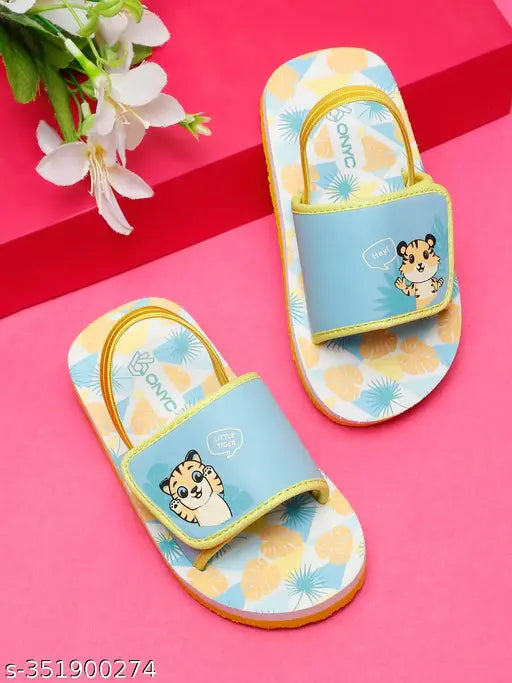Yellow and blue flip-flops with a cartoon tiger character, back support, adjustable strap, unisex design