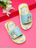 Yellow and blue flip-flops with a cartoon tiger character, back support, adjustable strap, unisex design