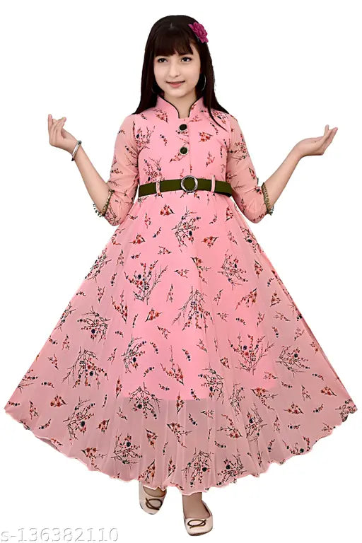 Pink long skirt dress, flared sleeves