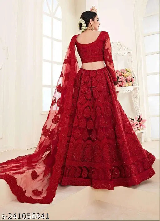 Embroidered net lehenga set for women, India-origin traditional outfit with semi-stitched options (42m waist, 44m length)