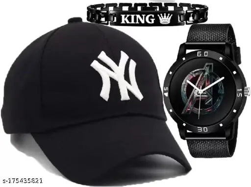 Trendy embroidered cotton baseball cap with black Avenger silicon strap and analog watch, black king bracelet for men and boys. Indian-made accessory
